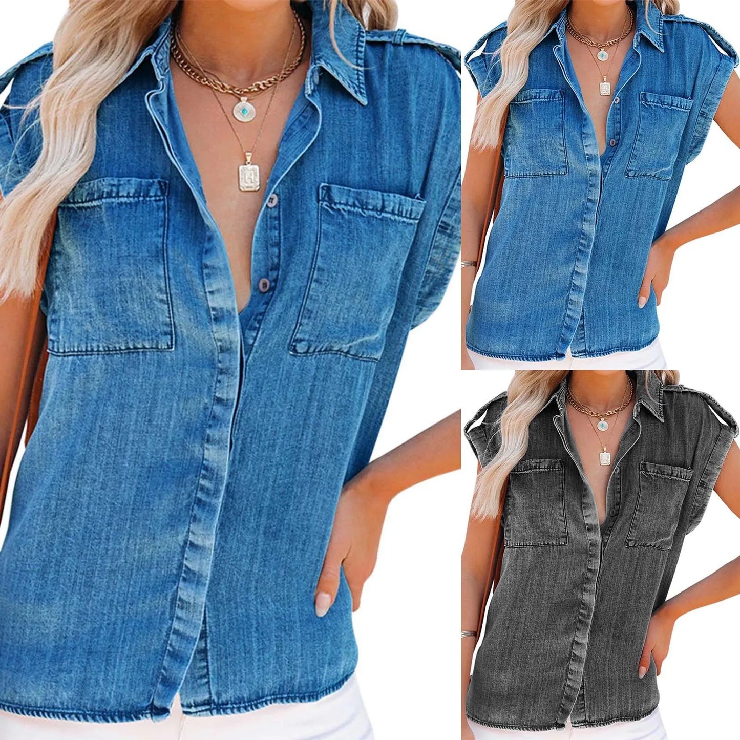 Youthful Woman Blouses Summer Slimming Short Sleeve Denim Shirt