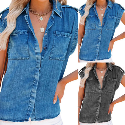 Youthful Woman Blouses Summer Slimming Short Sleeve Denim Shirt