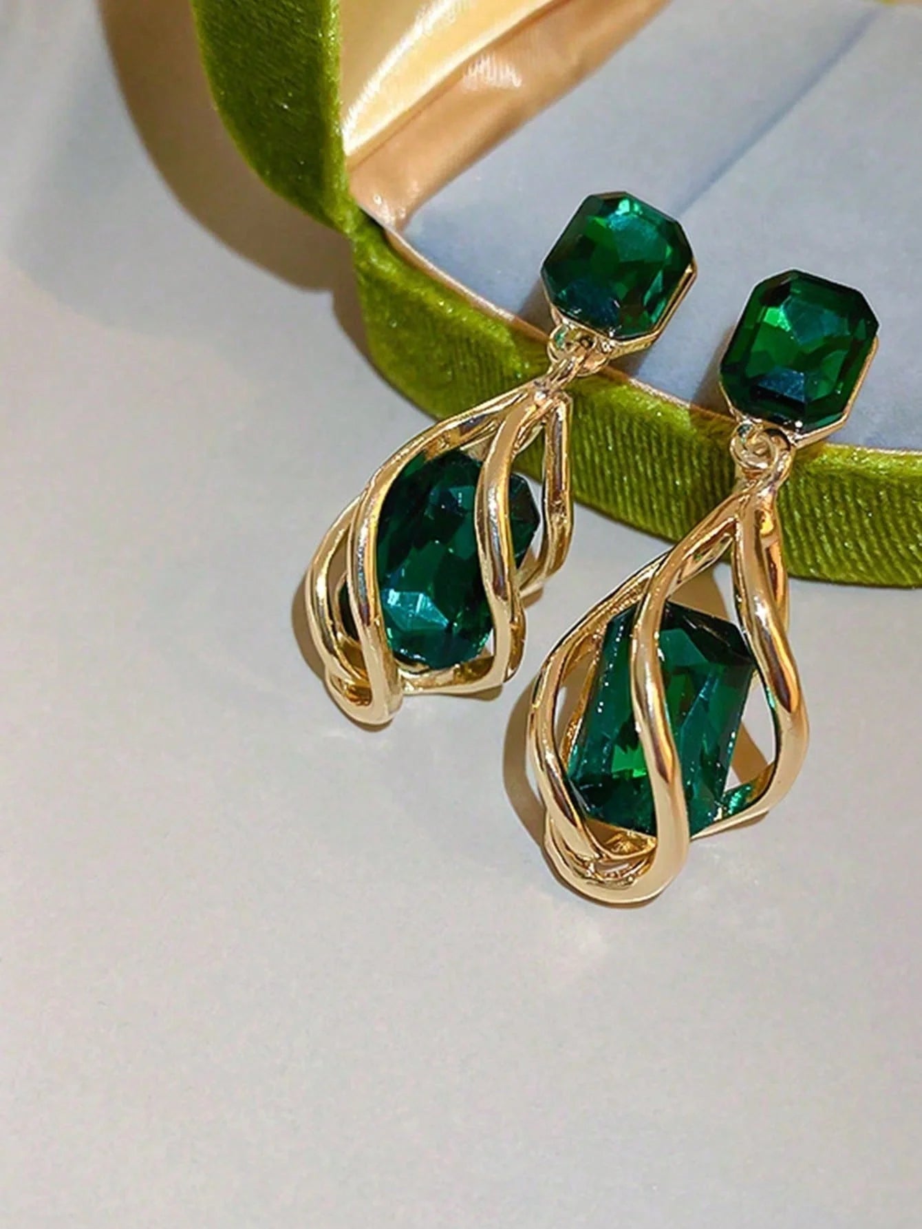 Green Gemstone Diamond Drop Earrings -