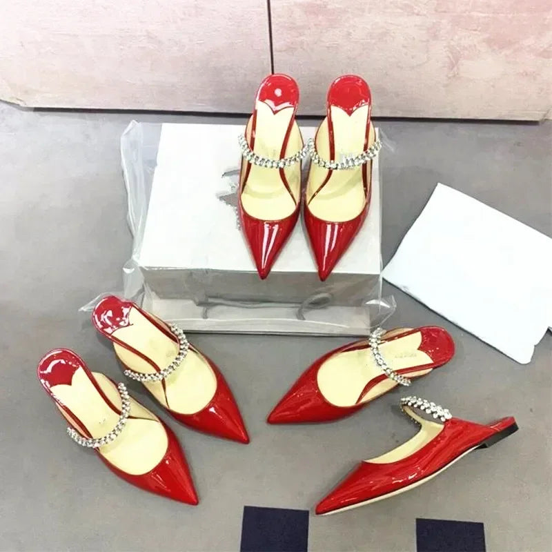 2025 New Fashionable Fine Heeled Muller Shoes with Pointed Water Diamond Chain Banquet