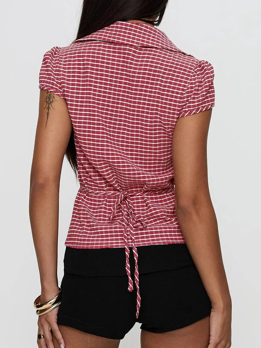 Women s Stylish Plaid Print Short Sleeve Shirt Lapel Button Down