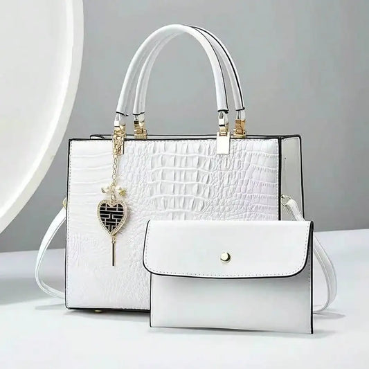 White Croc-Embossed Top Handle Handbag with Detachable Wallet