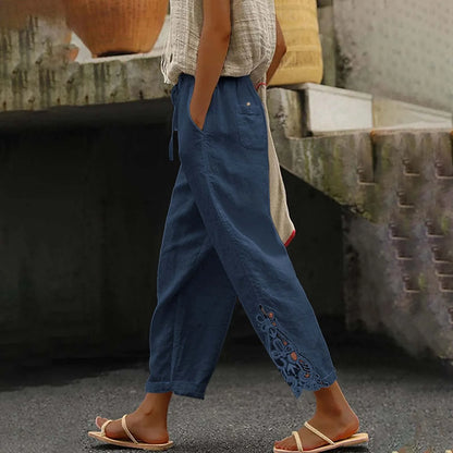 High Waist Casual Lace Spliced Pants Drawstring Pockets