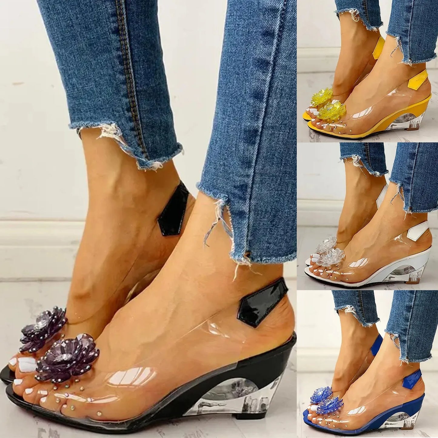 Female Shoes Leisure Transparent Crystal Diamond Slope Heel Sandals