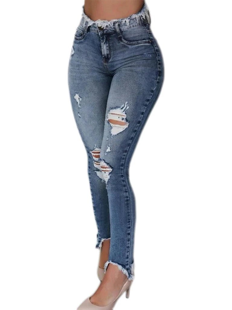 Women's high waisted fringed ripped jeans with irregular edges, slim fit and tight fitting style