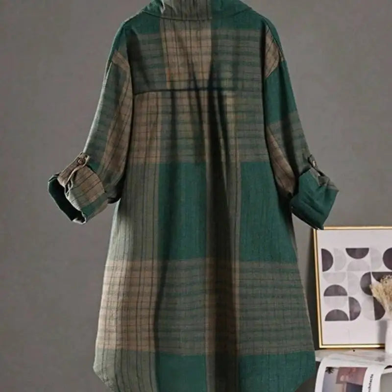 Plus Size Casual Retro Midi Women's Striped Plaid Loose Long Sleeve