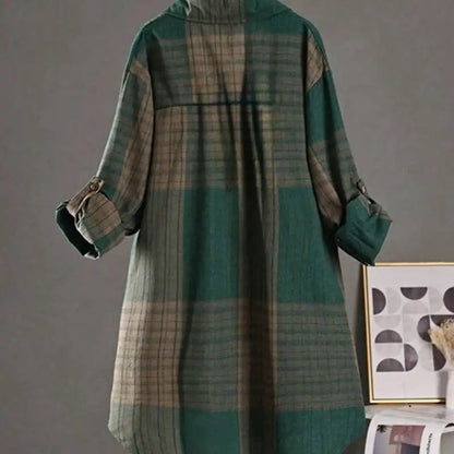 Plus Size Casual Retro Midi Women's Striped Plaid Loose Long Sleeve