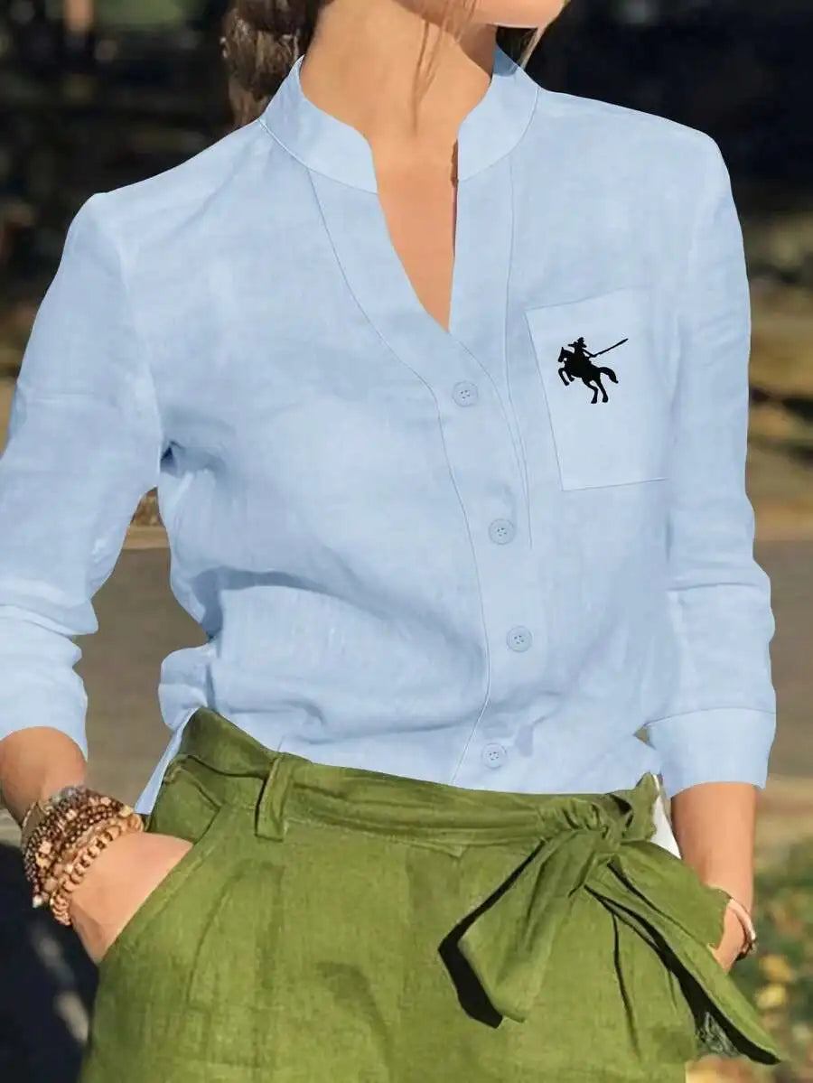 Women's White Linen Blend Button-Up Blouse with V-Neck and Chest Pocket