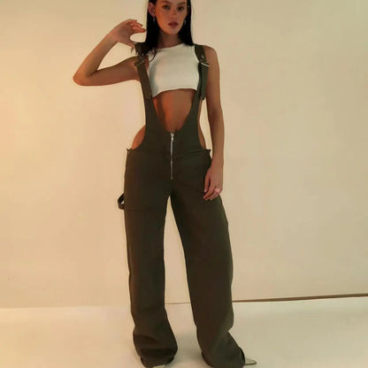 Low Waist shoulder Strap Wide Leg Jeans Low Rise Cargo Trousers with Straps
