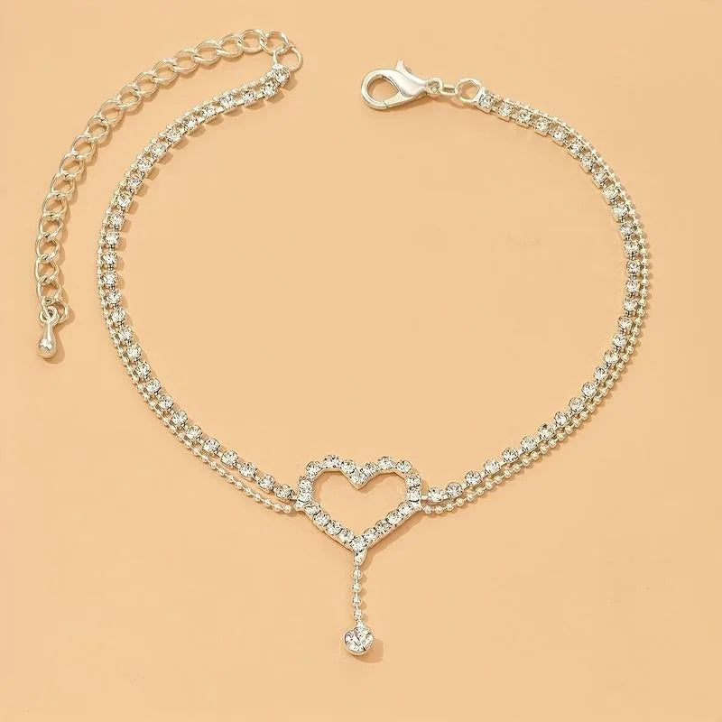 Handmade Women's Ankle Chain Sparkling Hollow Heart