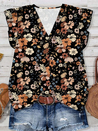 Women's V-Neck Floral Print Button-Up Blouse, Loose Fit, Lightweight