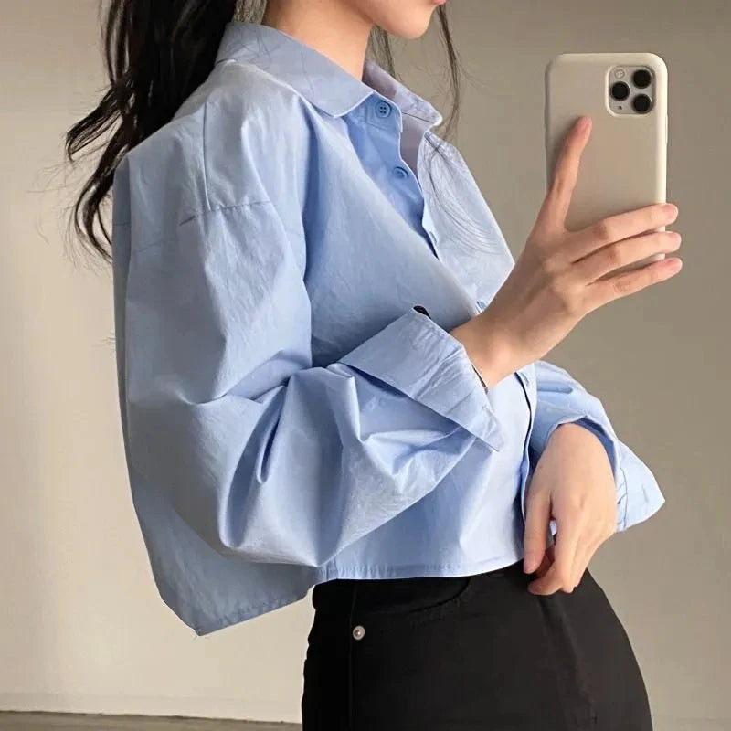 Spring New Casual Long Sleeve Women White Shirt Solid Button Split Woman Crop Tops