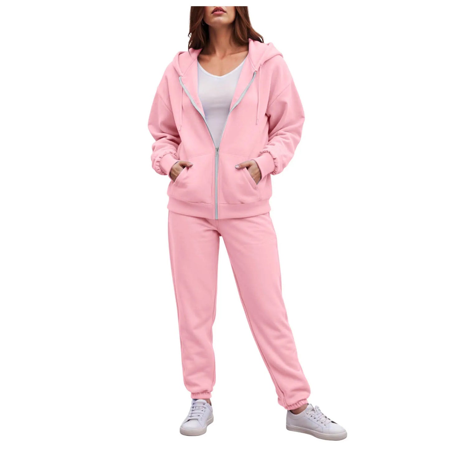 Women Long Sleeve Solid Color Hooded Sweatshirt and Pant