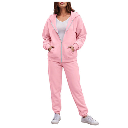 Women Long Sleeve Solid Color Hooded Sweatshirt and Pant