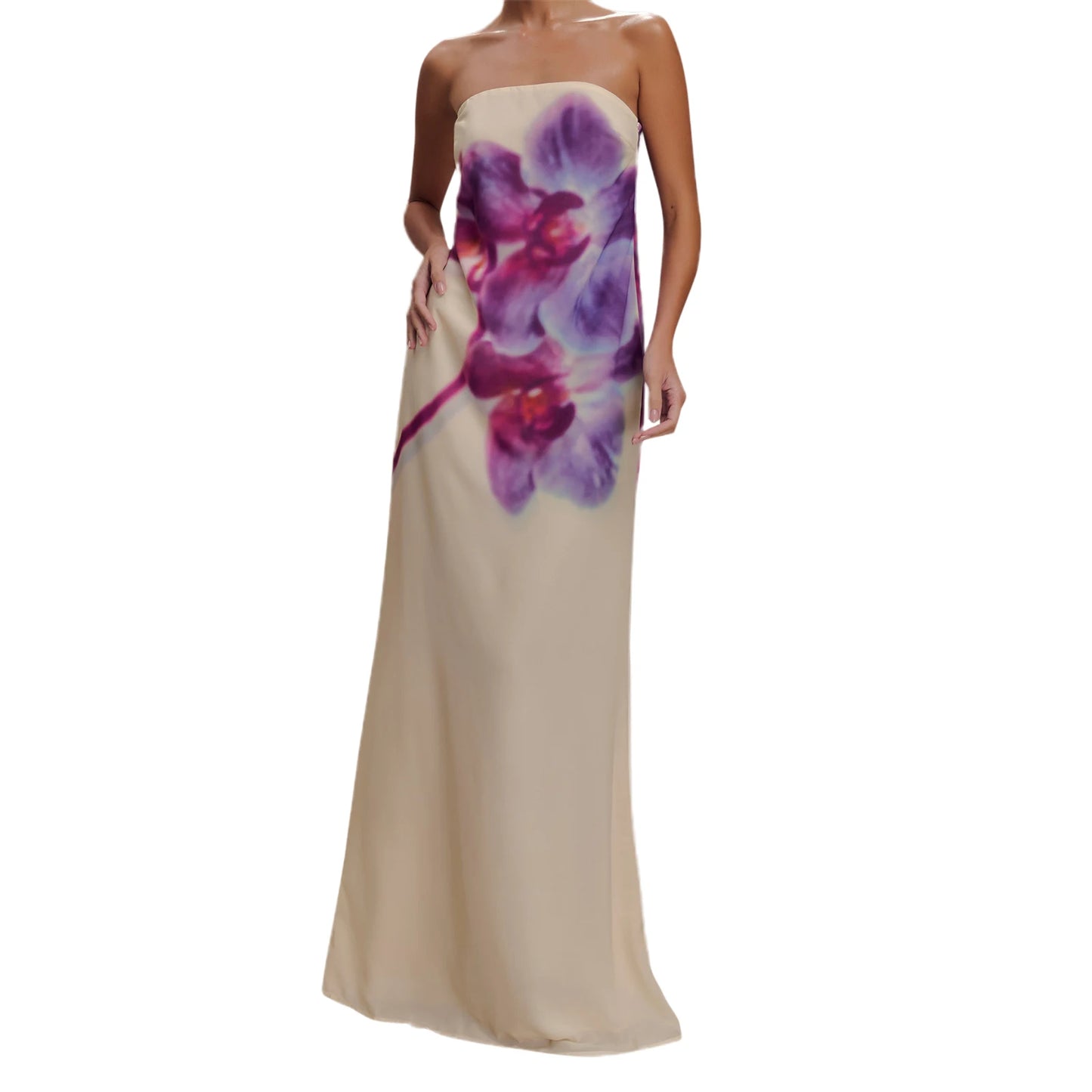 Women Long Dress Floral Print Tube Backless Casual Strapless Dress