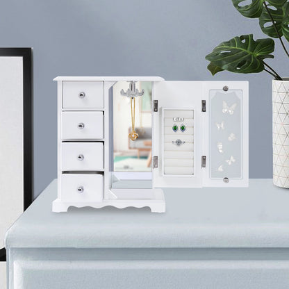 Jewelry Box with 4 Drawers Organizer and Built-in Necklace Carousel and Large Mirror, Jewelry Storage Box White
