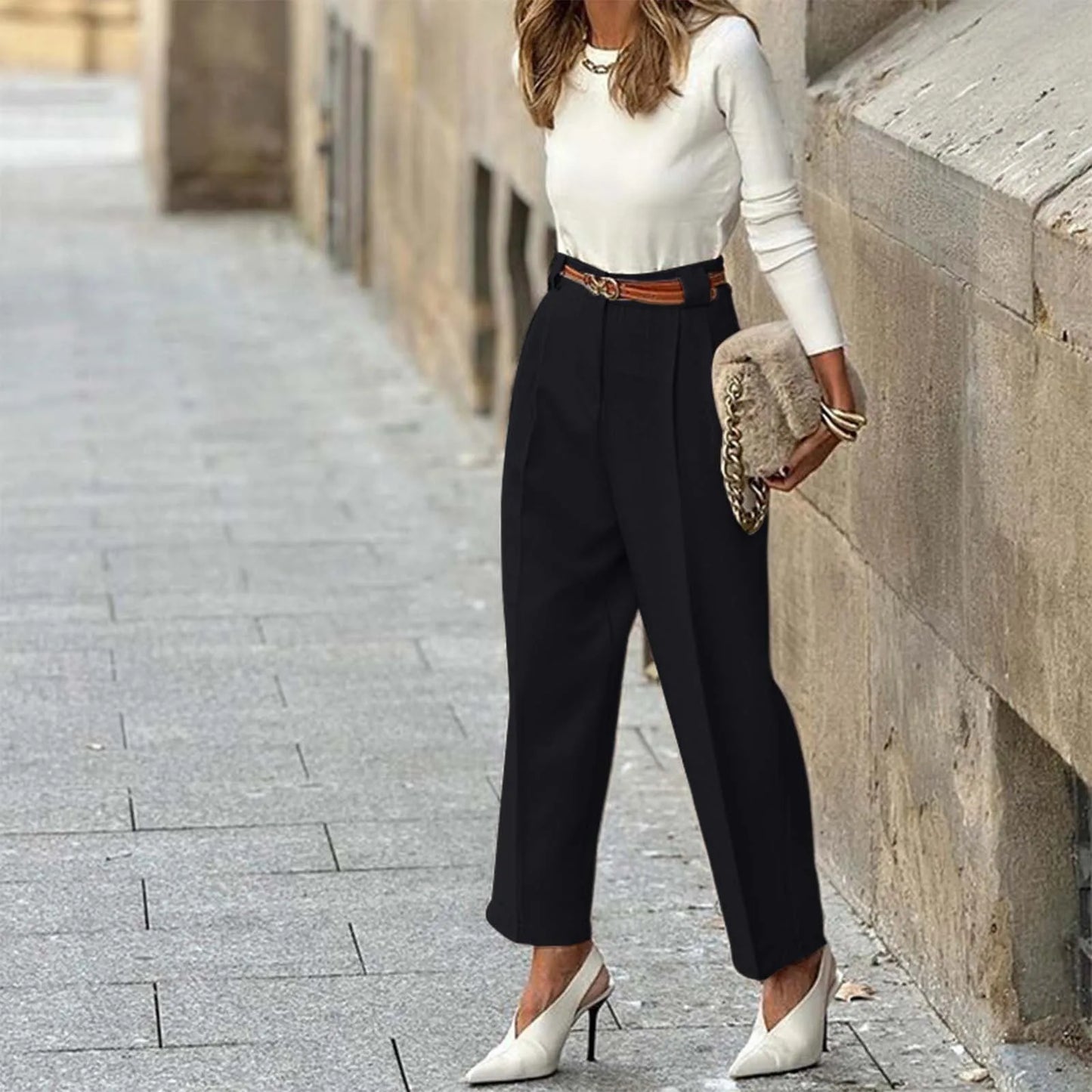 Elegant Women's Solid Color High Waist Ankle Length Straight Leg Dress Pants